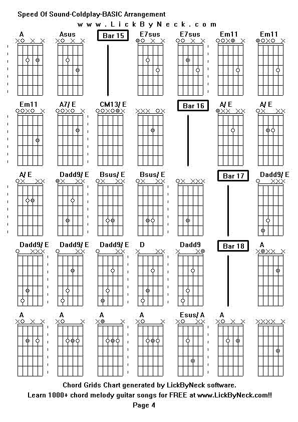 Chord Grids Chart of chord melody fingerstyle guitar song-Speed Of Sound-Coldplay-BASIC Arrangement,generated by LickByNeck software.